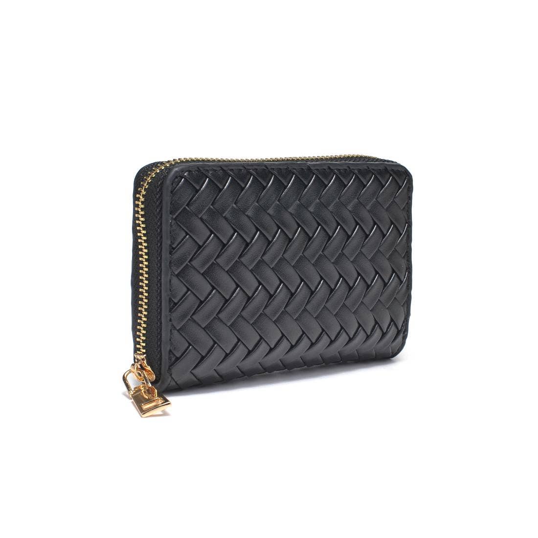Black woven wallet with a gold zipper on a white background