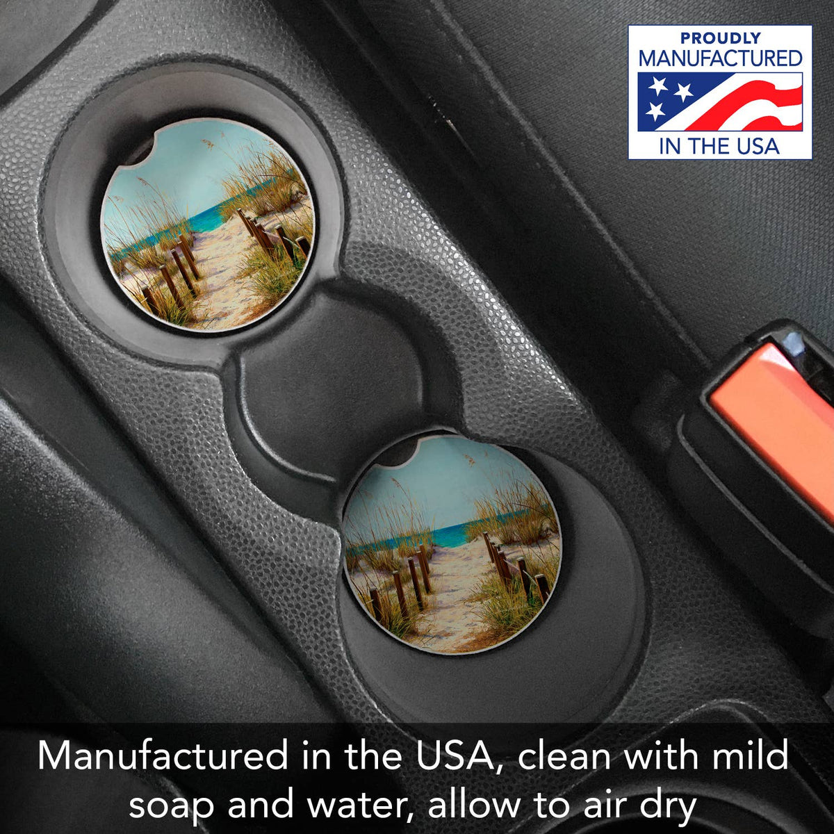 Car cup holder with scenic coast design coasters and 'Proudly Manufactured in the USA' badge.