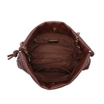 A brown leather handbag shown from a top-down view, highlighting its interior lining, chain strap attachments, and woven leather texture against a plain white background.
