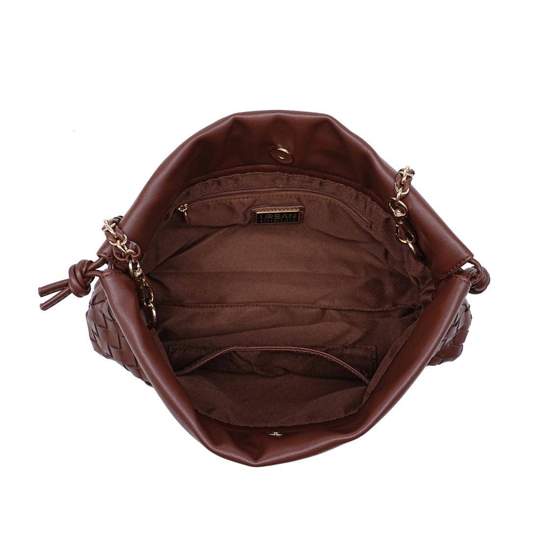A brown leather handbag shown from a top-down view, highlighting its interior lining, chain strap attachments, and woven leather texture against a plain white background.