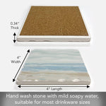 Measurement chart of a stone coaster with cork backer, showing dimensions and care instructions.