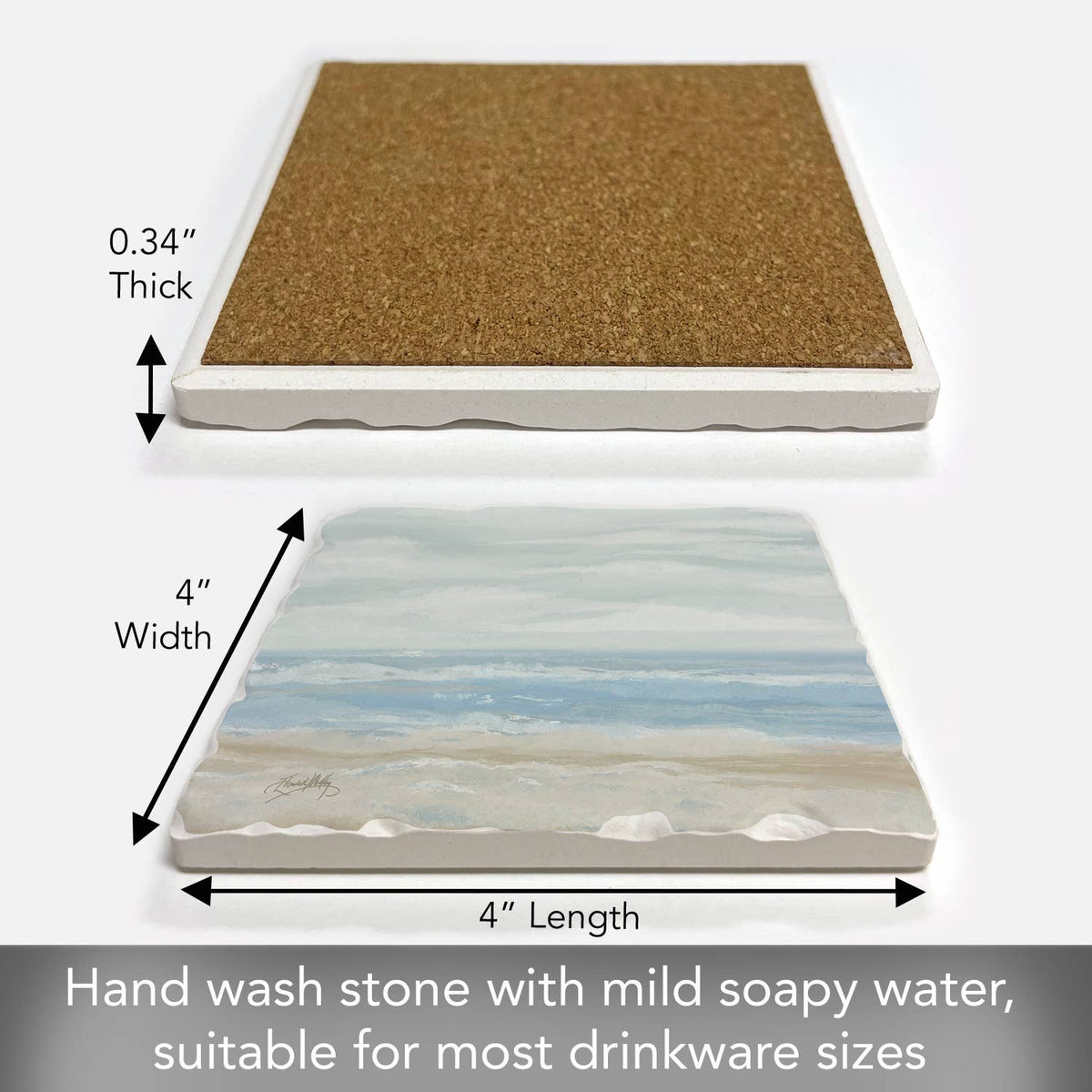 Measurement chart of a stone coaster with cork backer, showing dimensions and care instructions.