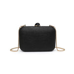Black clutch bag with a chain strap on a white background