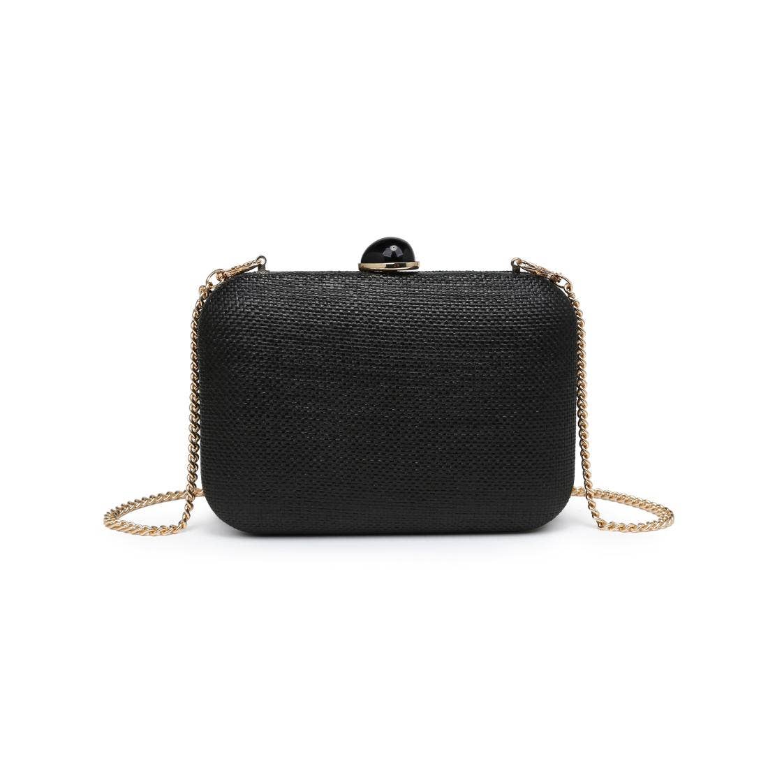 Black clutch bag with a chain strap on a white background