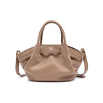 Back view of the Selena Crossbody in taupe vegan leather with soft gathered detailing, structured top handles, removable crossbody strap, and clean modern design.