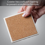 Cork coaster held by a hand with text about its soft cork backing.