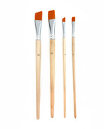 Four piece flat paintbrush set with wooden handles and nylon bristles in assorted sizes for watercolor acrylic and mixed media painting backgrounds and details