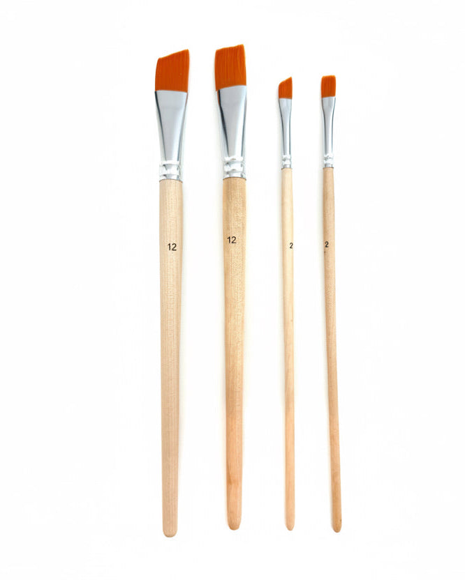 Four piece flat paintbrush set with wooden handles and nylon bristles in assorted sizes for watercolor acrylic and mixed media painting backgrounds and details