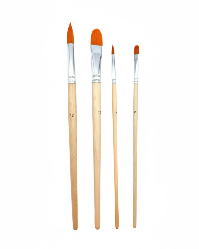 Four piece round paintbrush set with wooden handles and nylon bristles in assorted sizes for watercolor acrylic and mixed media painting details and washes