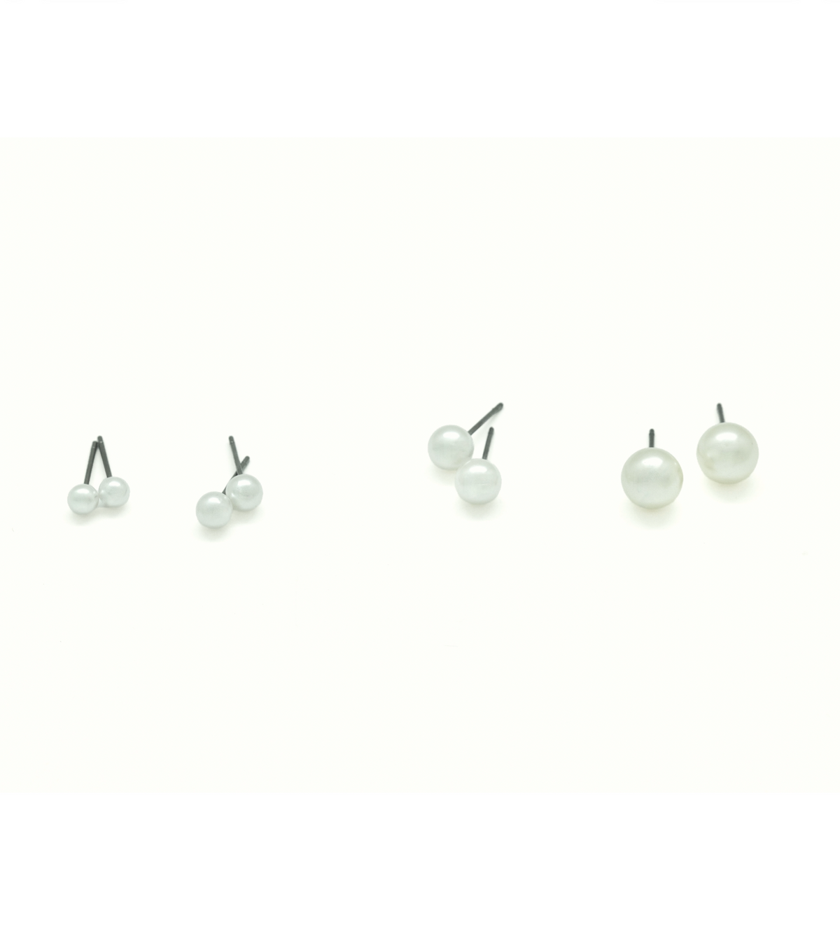 4 sizes of white pearl silver stud earrings: 3mm, 4mm, 5mm, 6mm