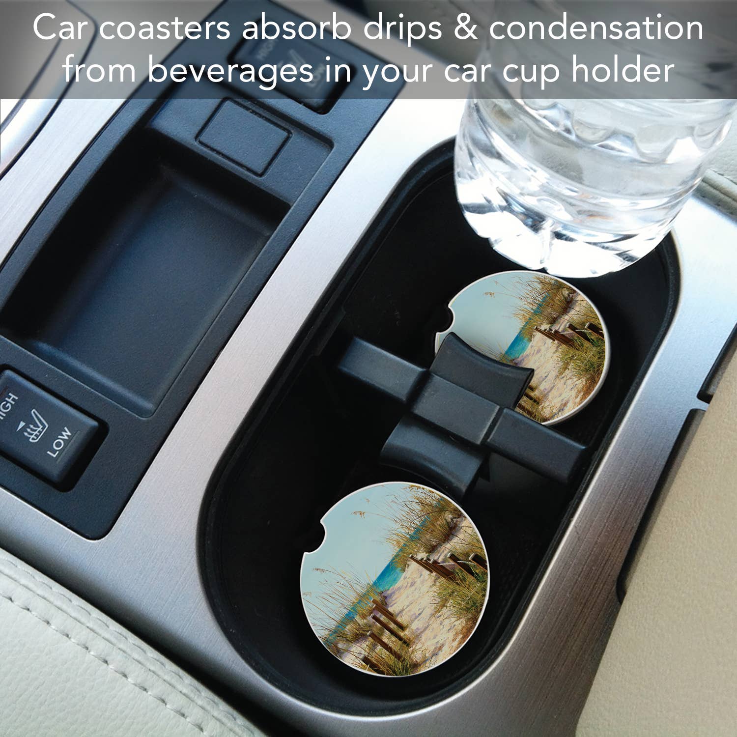 Car cup holder with two coasters absorbing water droplets, text about car coasters absorbing drips and condensation.