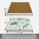 Measurement chart of a stone coaster with cork back, seahorse and turtle design, and text about care instructions.