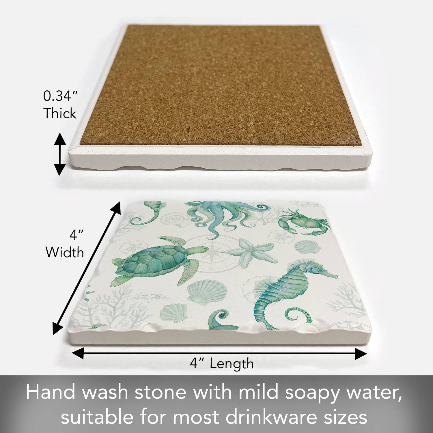 Measurement chart of a stone coaster with cork back, seahorse and turtle design, and text about care instructions.