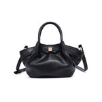 Front view of the Selena Crossbody in black vegan leather with rolled top handles, adjustable shoulder strap, and gold-tone hardware.