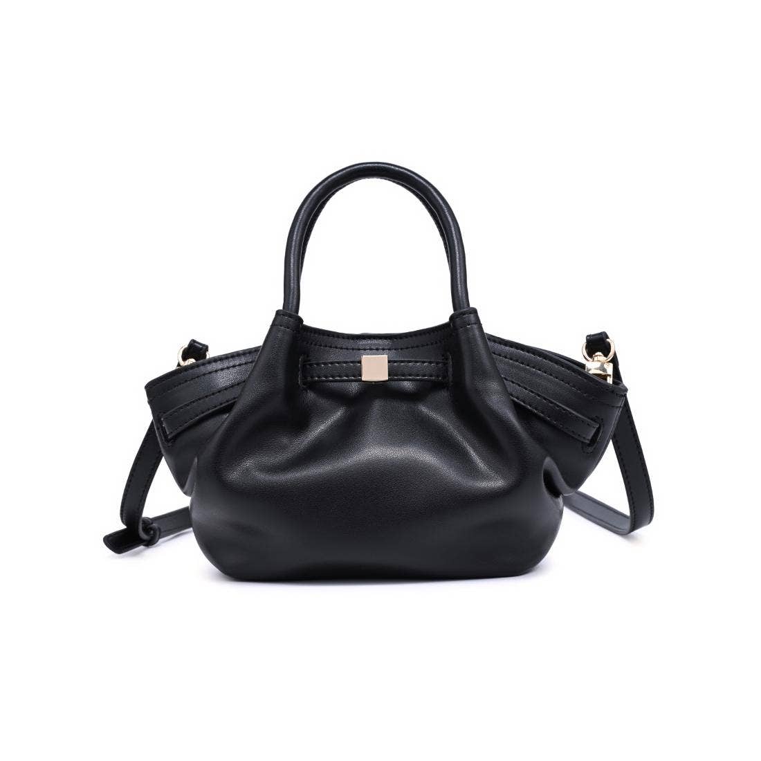 Front view of the Selena Crossbody in black vegan leather with rolled top handles, adjustable shoulder strap, and gold-tone hardware.
