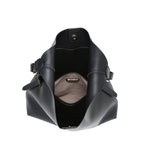 Black leather handbag with gold accents on a white background