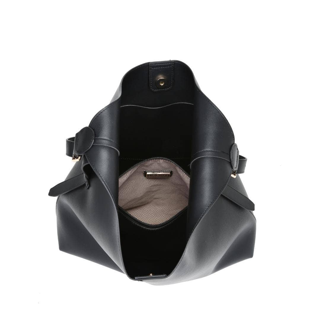 Black leather handbag with gold accents on a white background