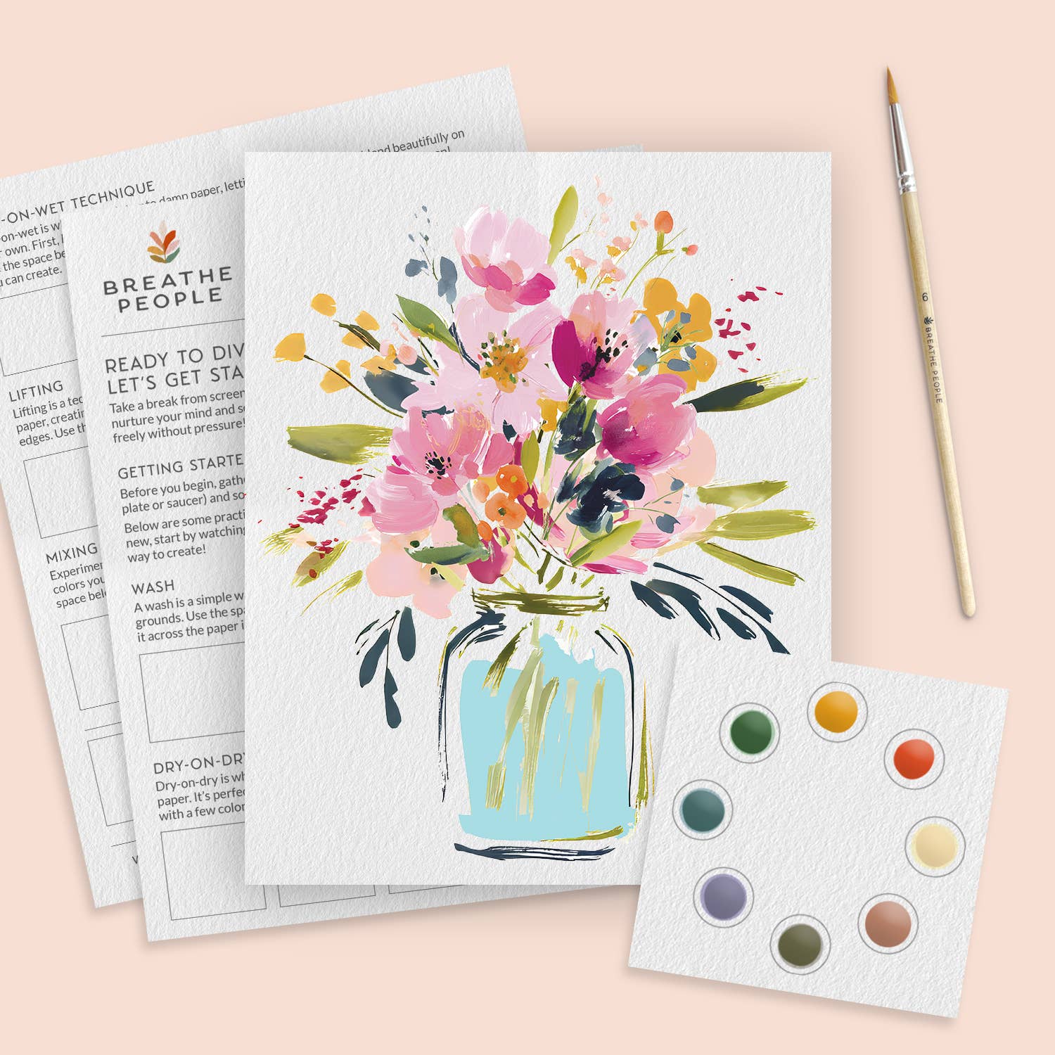 Floral painting kit with a completed artwork of flowers in a jar on a pink background.