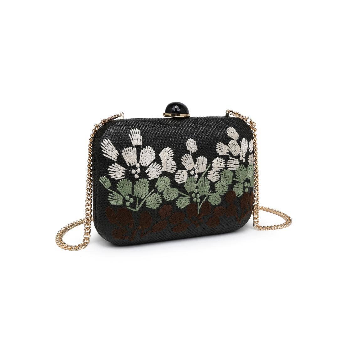 Black handbag with floral embroidery on a white background