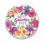 Round decorative item with colorful flowers and 'Best Grandma Ever' text on a white background