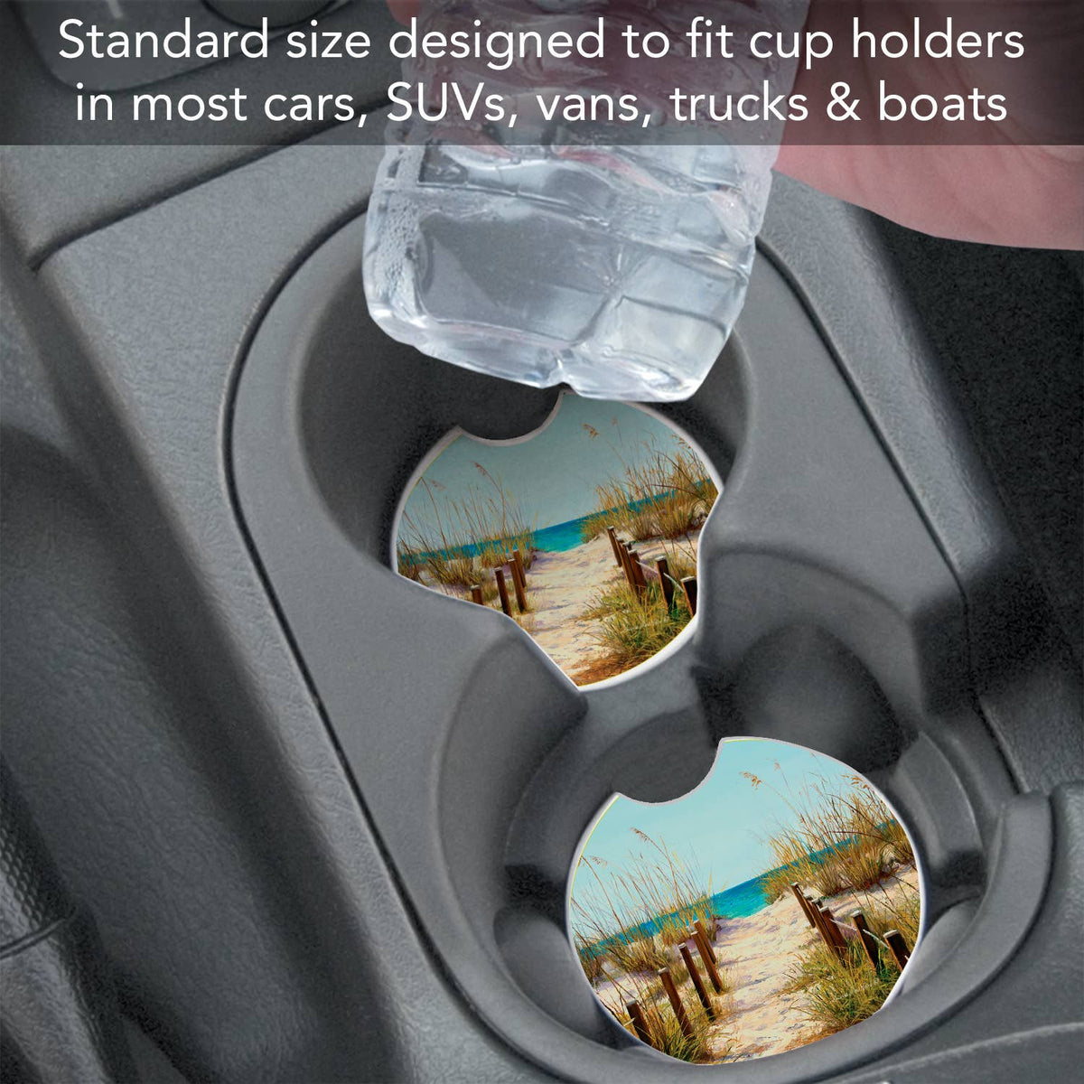Car cup holder with a sand dune design coaster and text about standard size for various vehicles.