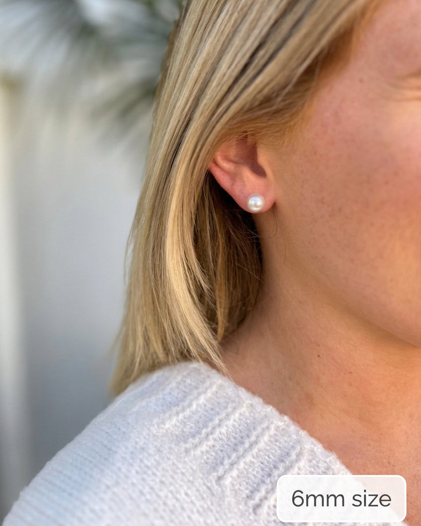 6mm White Pearl Stud Earring on model