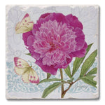A square decorative tile or coaster featuring a detailed botanical illustration of a large pink peony flower with green leaves and two cream butterflies on a pale blue patterned background.