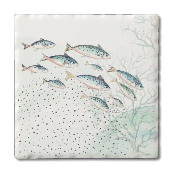 A square ceramic tile or coaster featuring a watercolor-style illustration of a school of fish swimming among pale coral or seaweed on an off-white background.