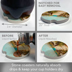 Stone coasters with text highlighting features and benefits