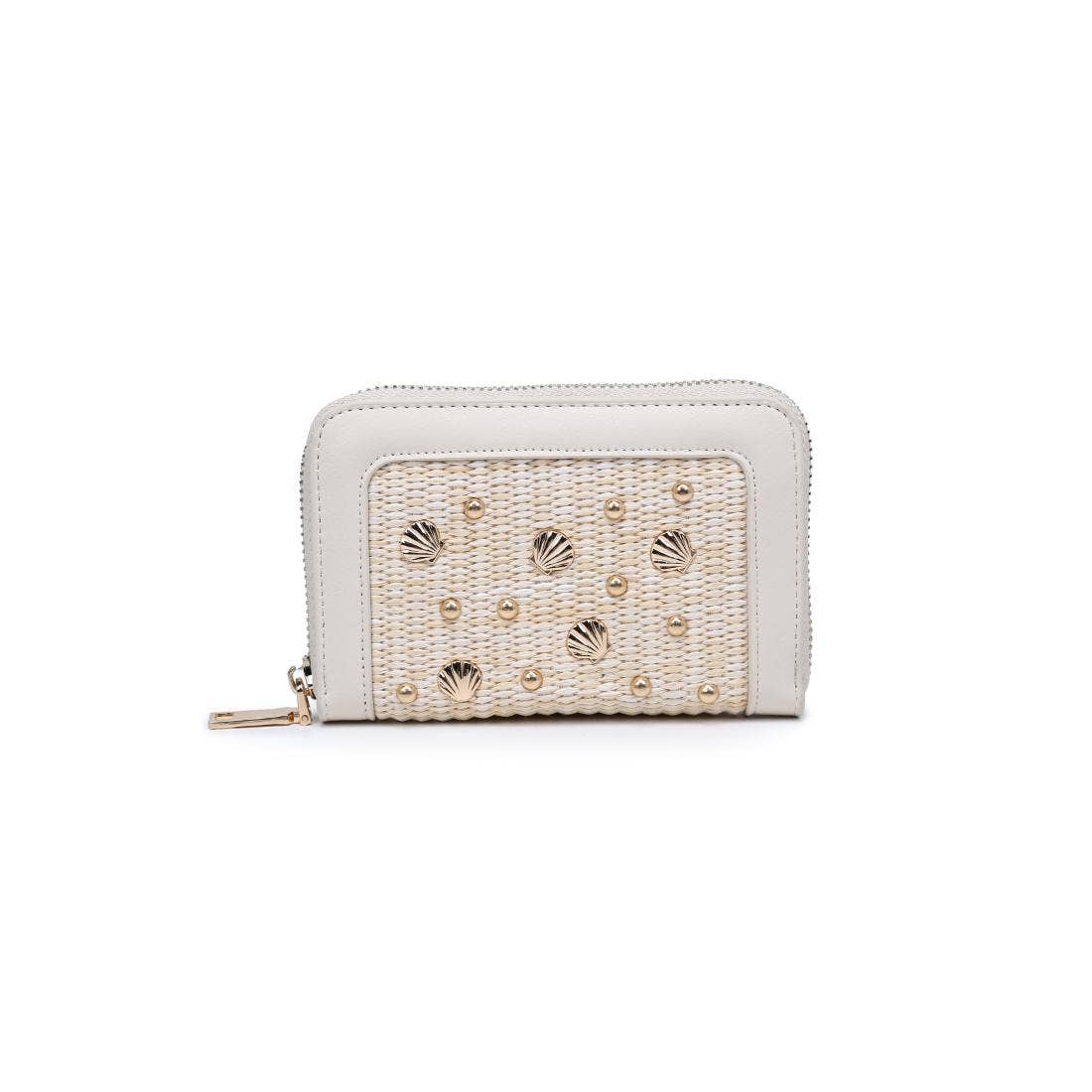 White wallet with shell pattern on a white background