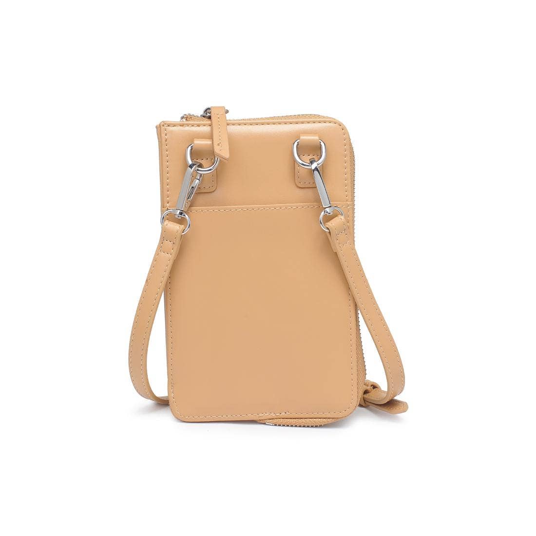 A light tan faux leather crossbody phone pouch with silver-tone hardware, shown against a plain white background.