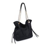 Black handbag with gold chain strap on a white background