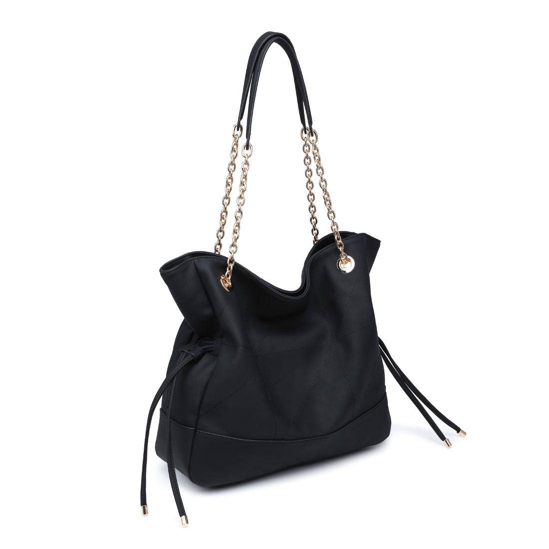 Black handbag with gold chain strap on a white background