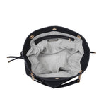 Black handbag with gold accents on a white background