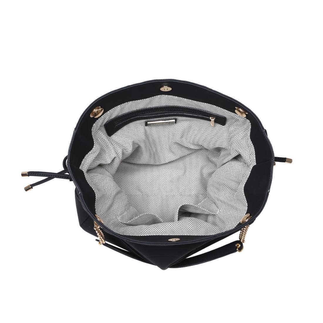 Black handbag with gold accents on a white background