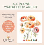 Watercolor art kit with flowers and color swatches, featuring the brand 'Breathe People'.