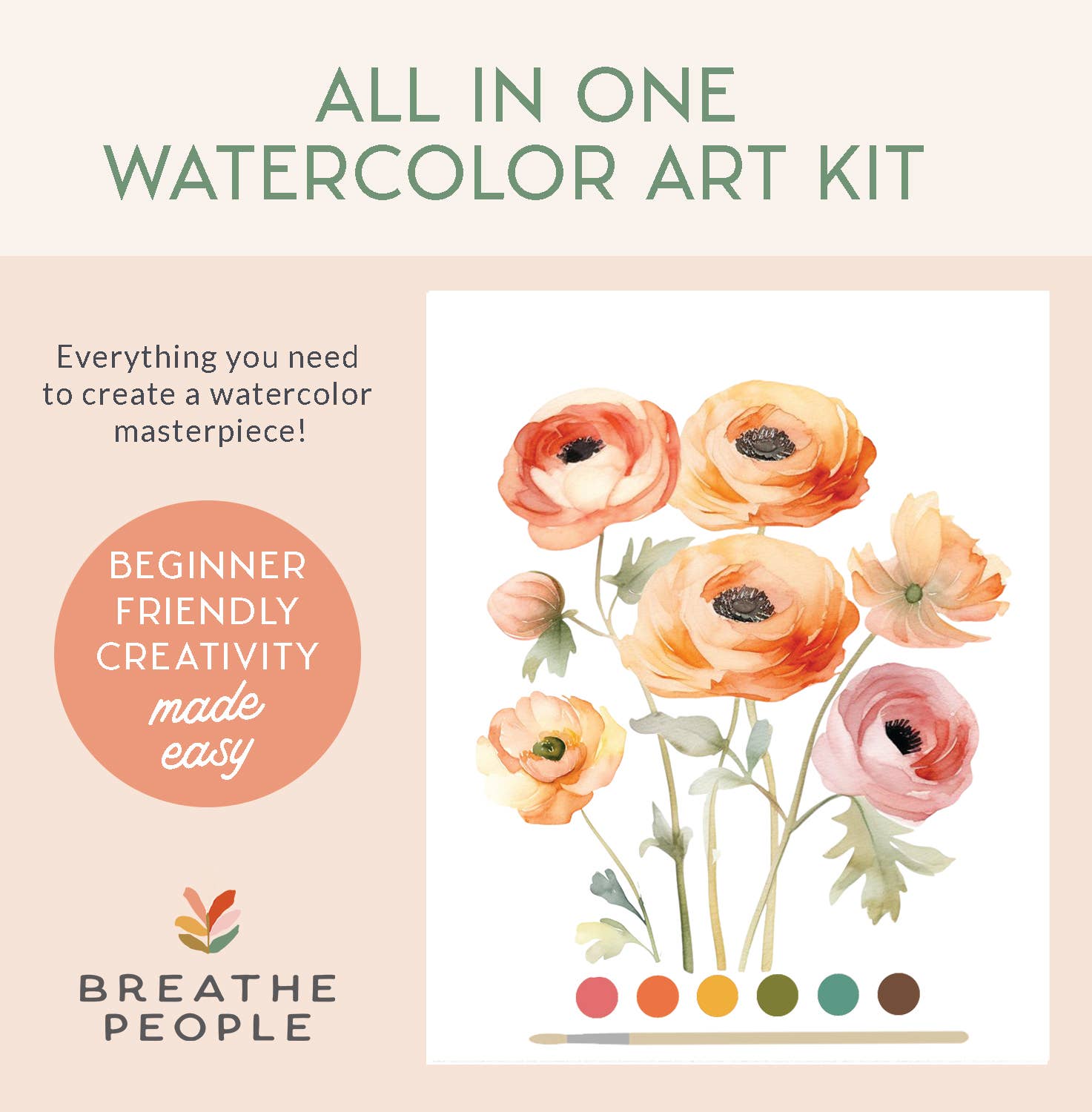 Watercolor art kit with flowers and color swatches, featuring the brand 'Breathe People'.