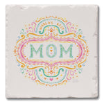 A square stone coaster featuring a colorful, hand-drawn style graphic that reads 'WORLD'S BEST MOM' in pastel pink, teal, orange, and yellow. The coaster has a textured, natural stone surface with a subtle drop shadow on a white background.
