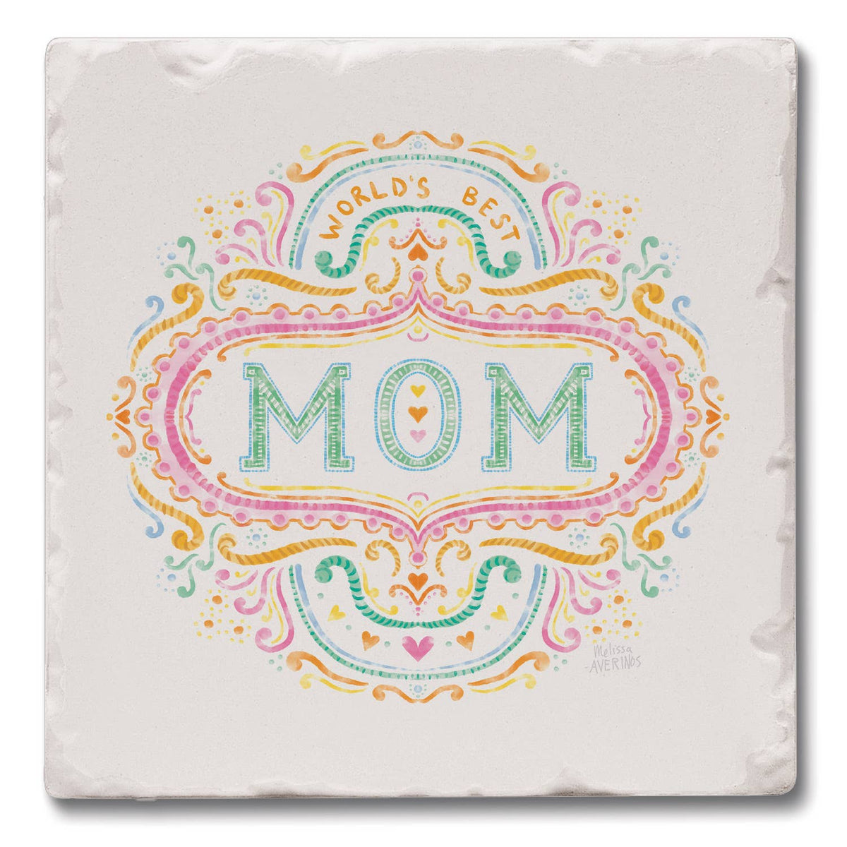 A square stone coaster featuring a colorful, hand-drawn style graphic that reads 'WORLD'S BEST MOM' in pastel pink, teal, orange, and yellow. The coaster has a textured, natural stone surface with a subtle drop shadow on a white background.