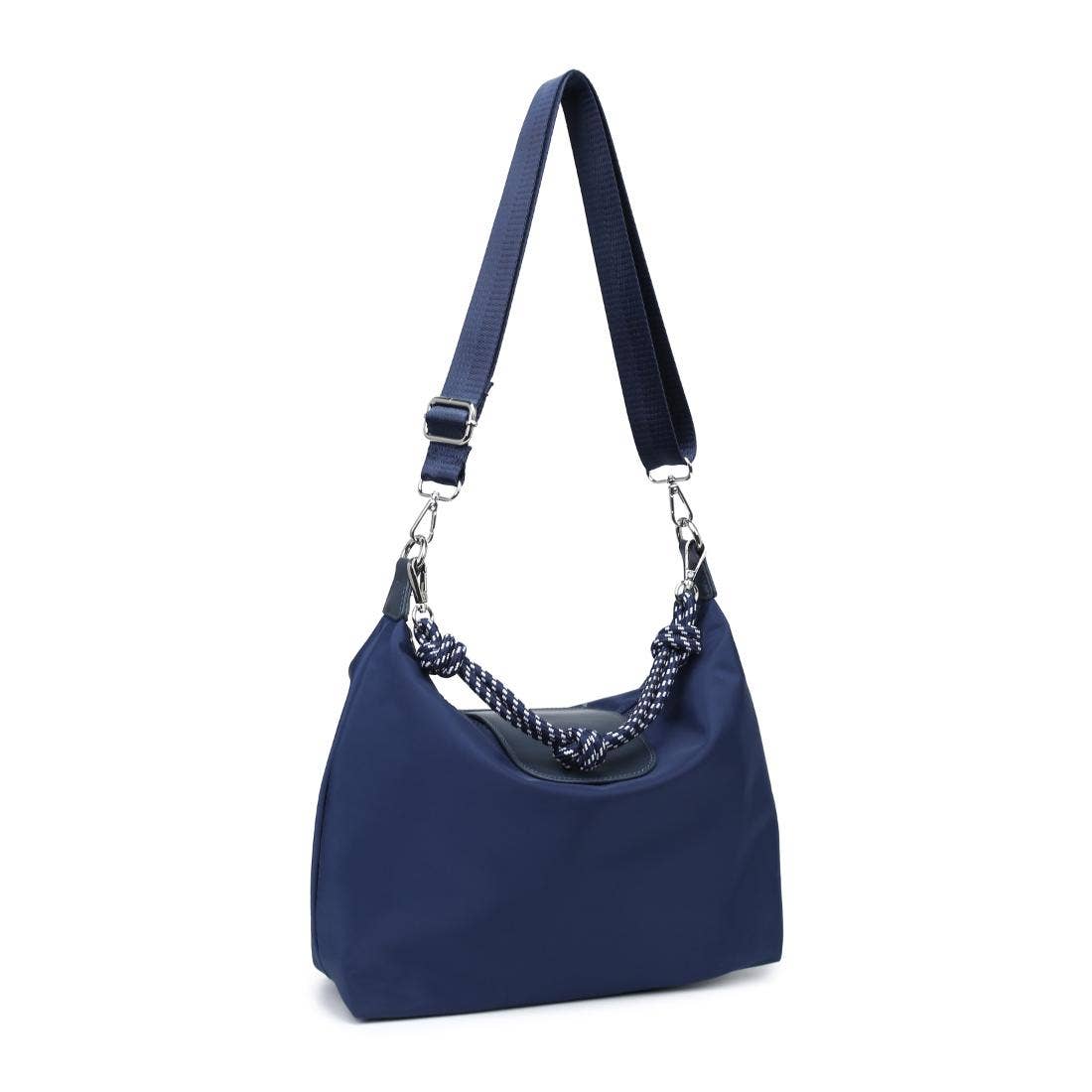 A navy blue nylon shoulder bag with a chunky braided rope detail across the top and a matching adjustable shoulder strap, shown on a plain white background.