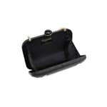 Black clutch bag with textured handle on a white background