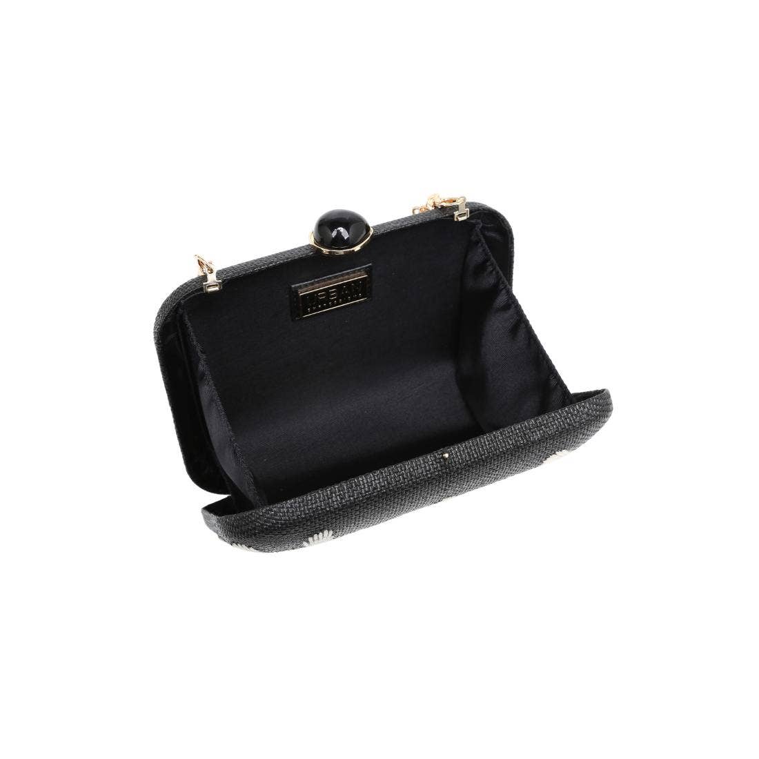 Black clutch bag with textured handle on a white background