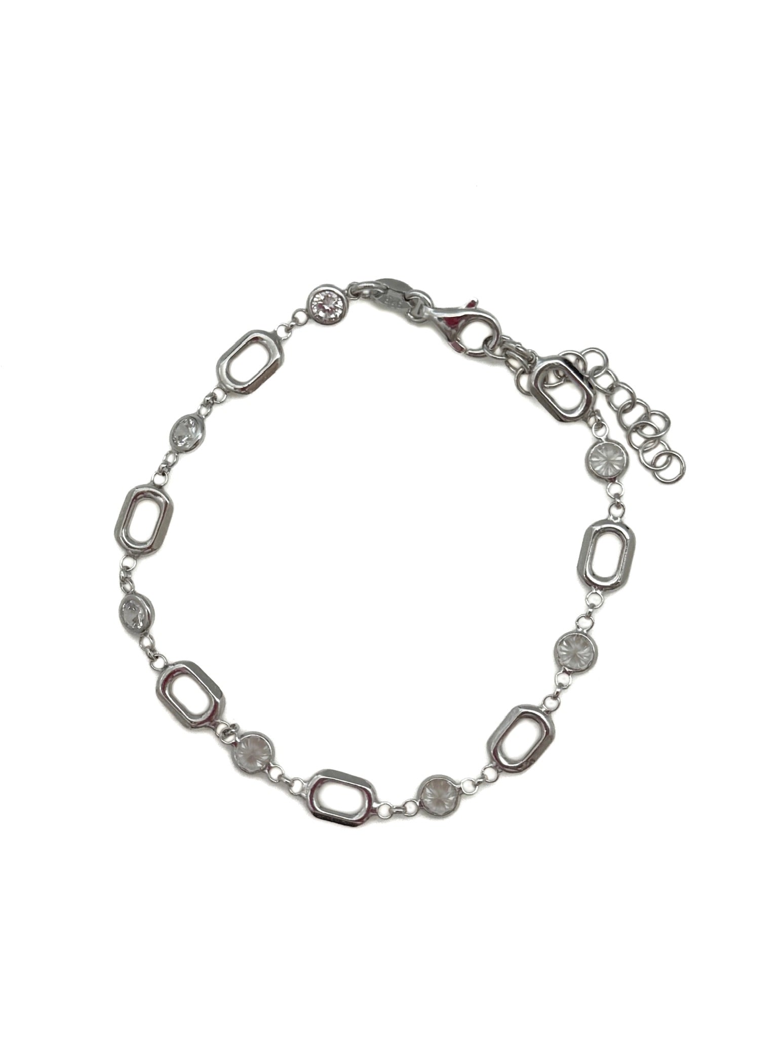 Silver bracelet with oval links on a white background