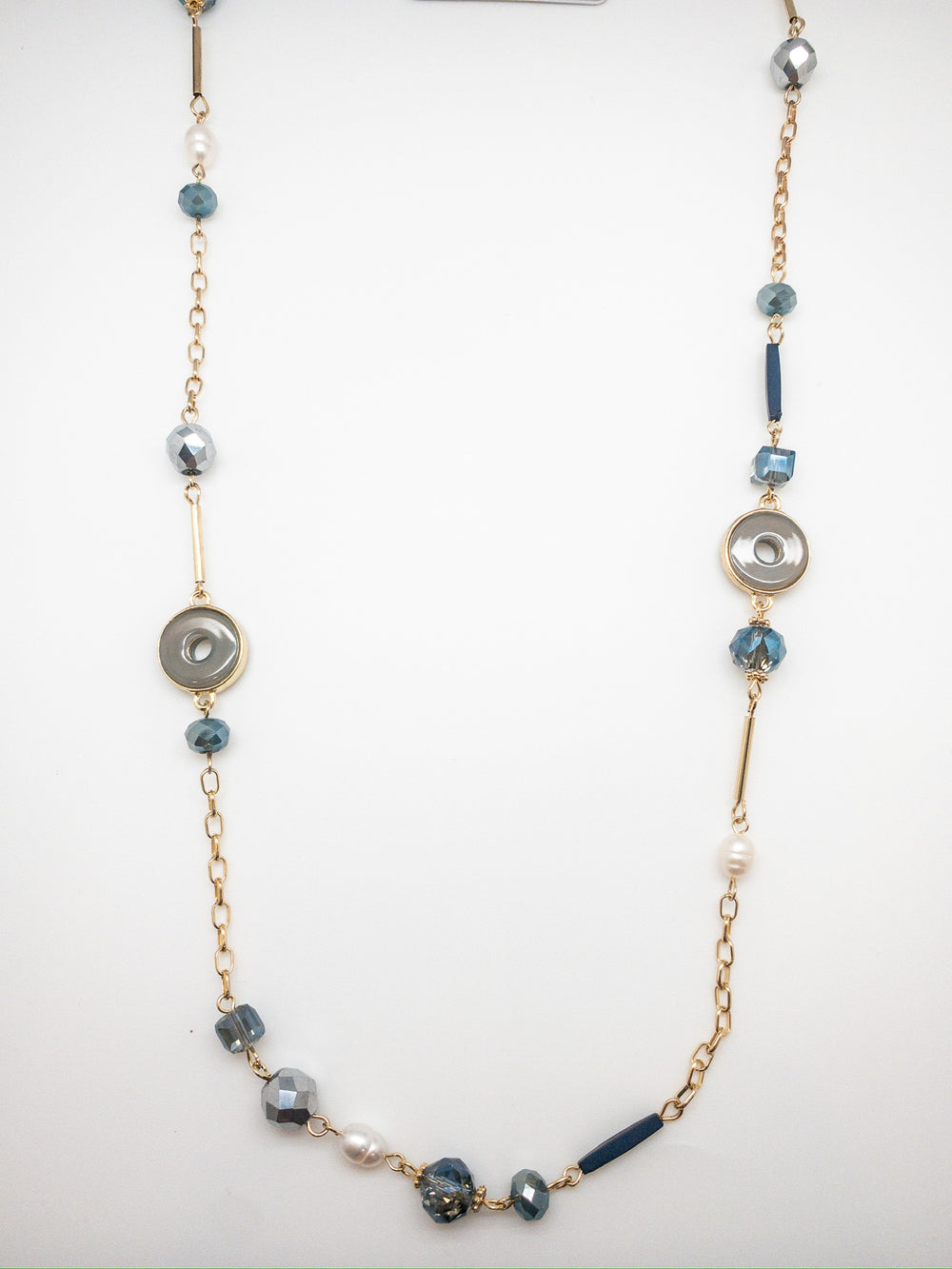 Faryn Necklace. Gold chained with blue and pearl bead accents