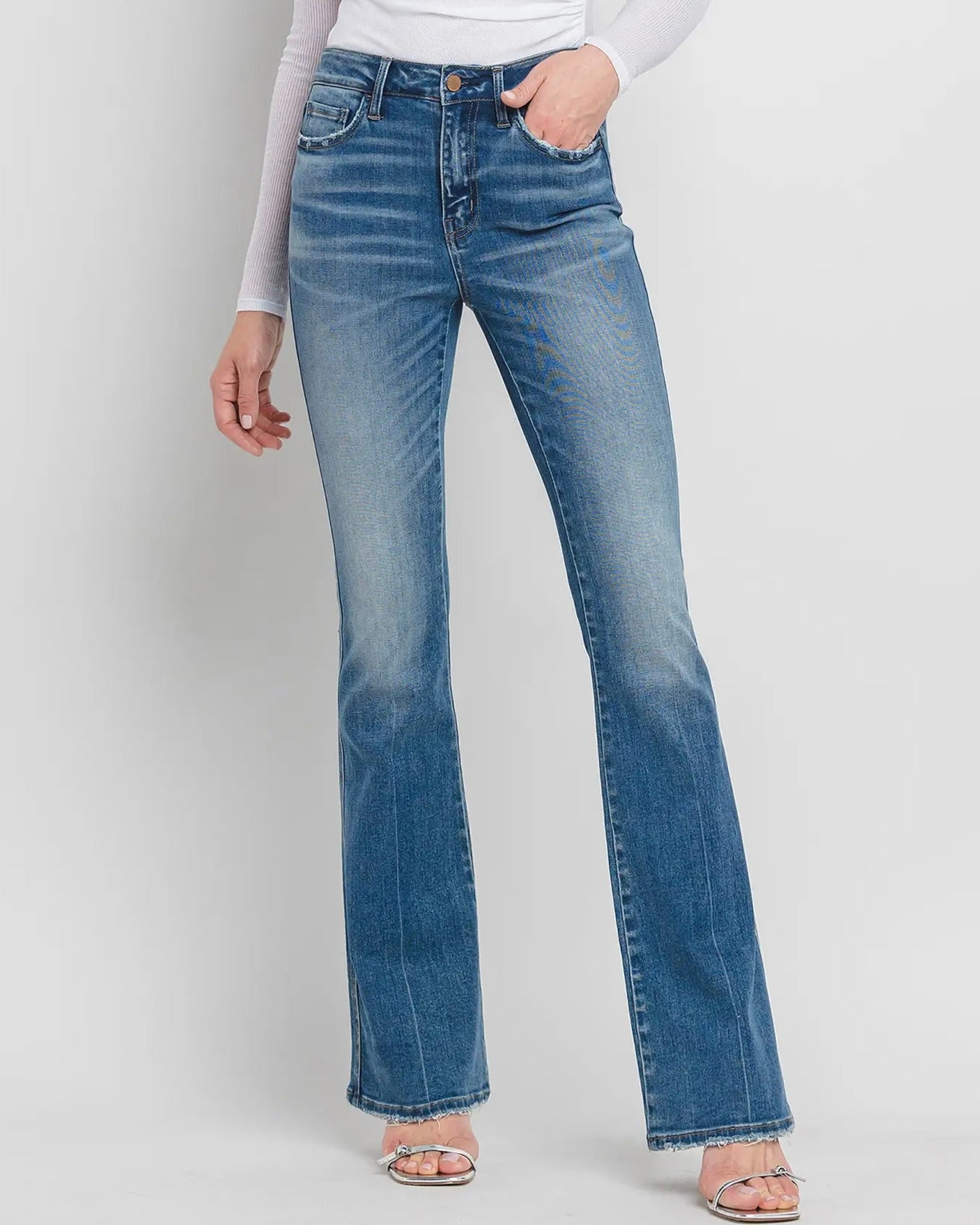 front view of high rise full length bootcut jeans from Ardor Boutique