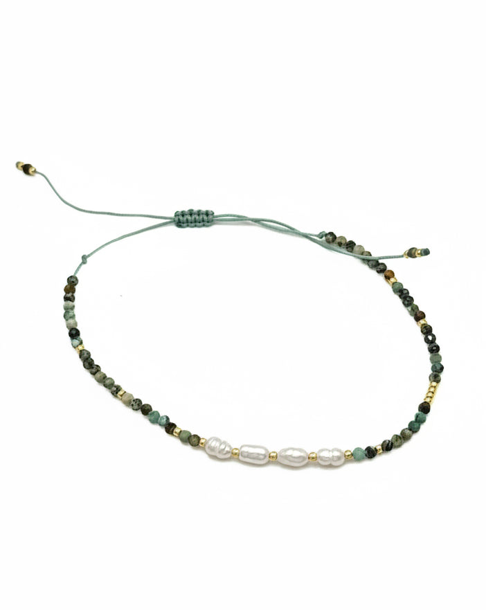 Amina African Turquoise & Freshwater Pearl Bracelet with drawstring closure or to tighten bracelet