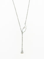 Angelica Silver Necklace: Y shaped necklace with Angel wing connecting the center and clear crystal hanging from the bottom