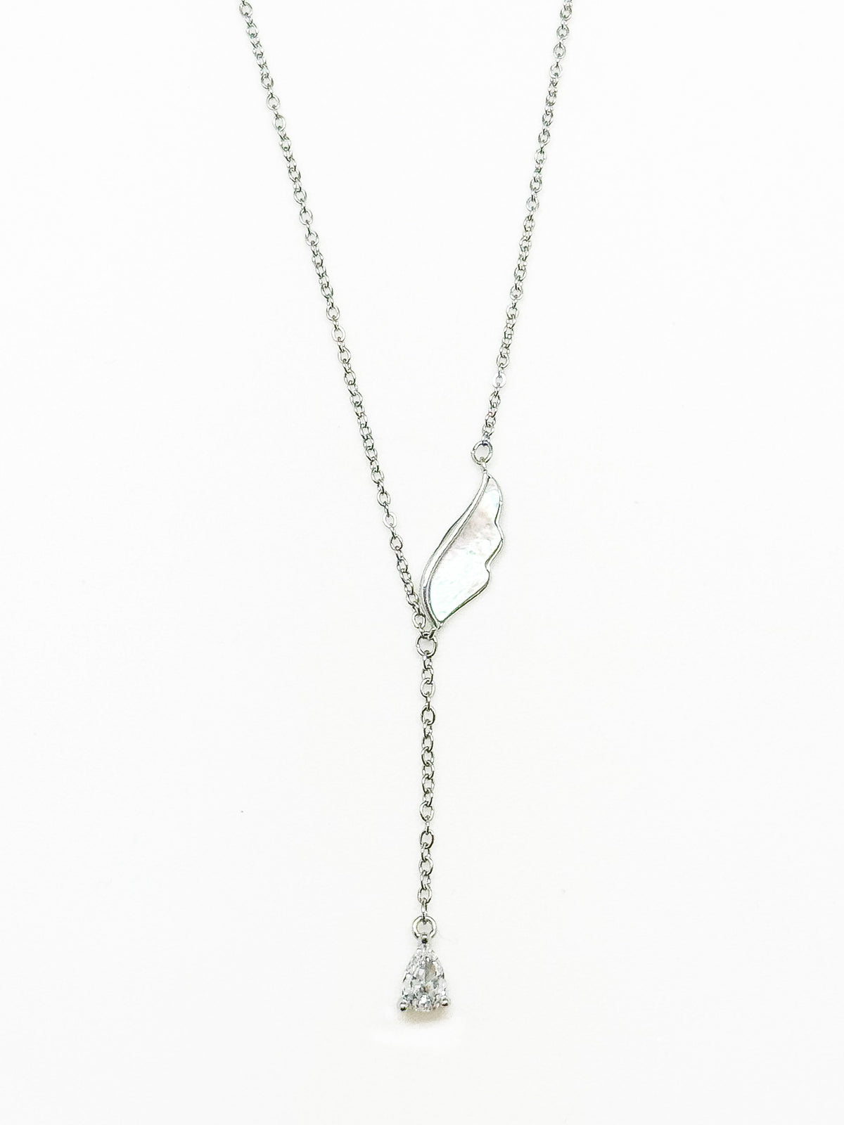 Angelica Silver Necklace: Y shaped necklace with Angel wing connecting the center and clear crystal hanging from the bottom