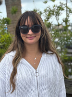 Angelica Silver Necklace styled with white hoodie and sunglasses
