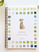 Animals Watercolor workbook front cover with a dog illustration and color swatches on a white background